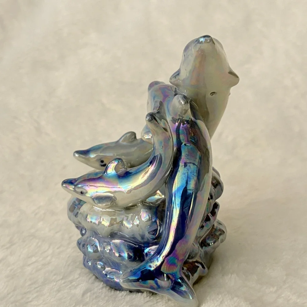 Iridescent Blue Ceramic Dolphin Family Statue Nautical Beach House Decor Vintage